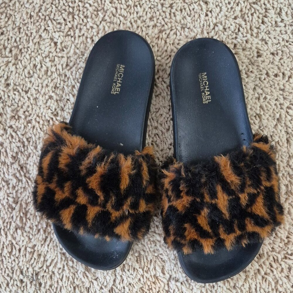 Michael Kors Faux Fur Animal Print Slide Sandals